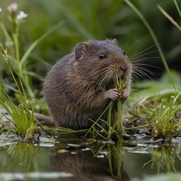 Meadow Vole eating tall grass by a pond