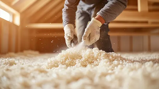 spraying-attic-insulation Worker evening out insulation in an attic