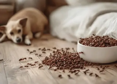 Ans Crawling in Dog Bowl While Dog Cowers in Background
