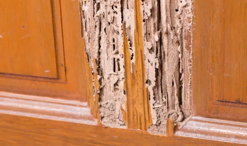 Kitchen cabinet with termite damage on the doors.