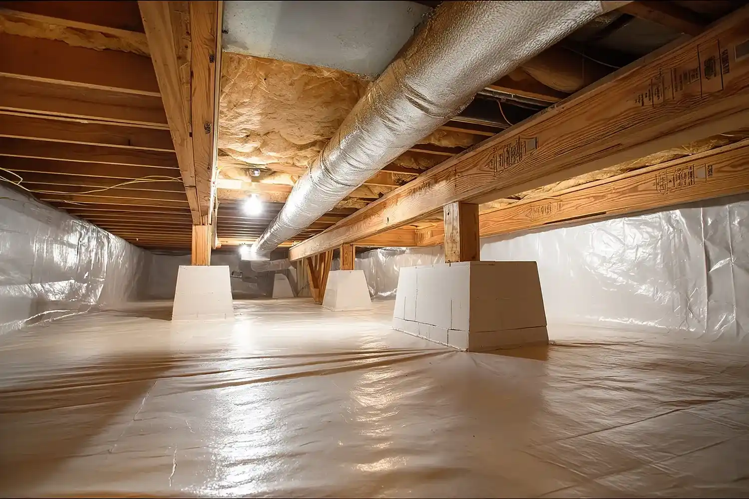 A freshly installed crawl space moisture barrier
