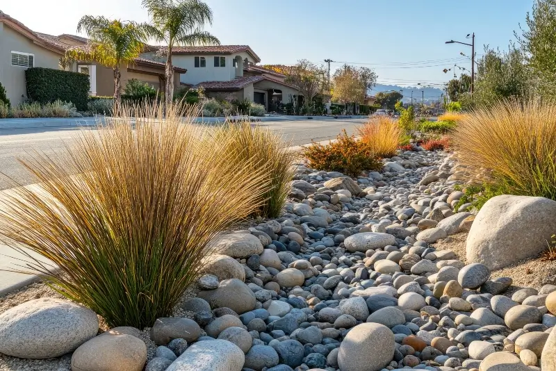 Bed rock and plants landscaped front yard
