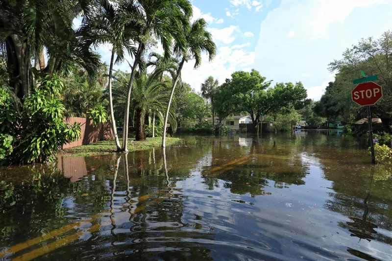 A residential neighborhood in Florida flooded with high waters.
