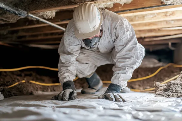 Arrow Environmental Services technician sealing a crawlspace to prevent wildlife entering.
