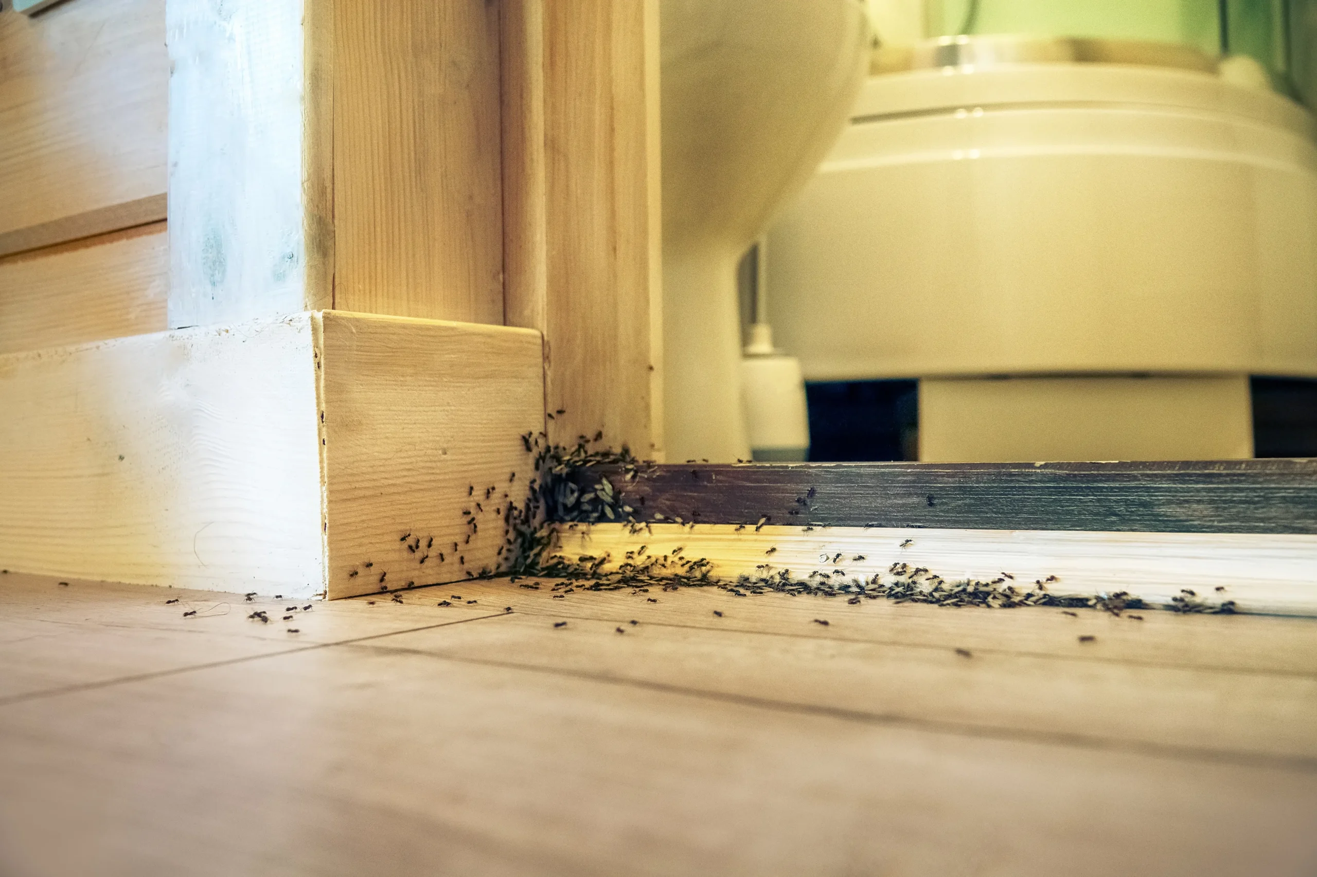 Ants coming out of the woodwork at the entrance of a bathroom.