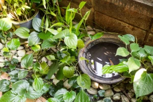 A pot of standing water surrounded by plants and landscaping rocks.