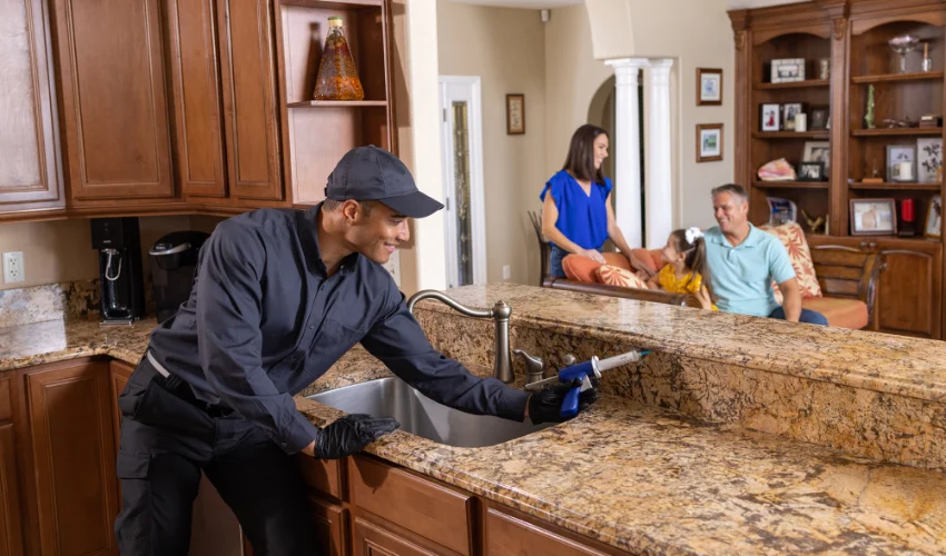 Professional Arrow Environmental Services expert performing a residential pest evaluation and treatment for a family home in Florida.