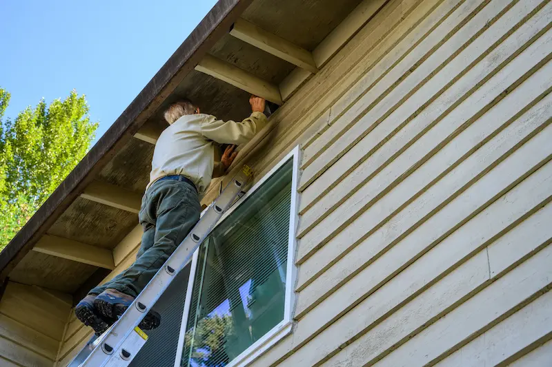 An Arrow Environmental Services technician on a ladder performing professional pest exclusion by sealing roofline entry points in Florida.