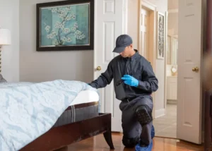 An Arrow Environmental Services technician using a flashlight to perform a thorough bed bug inspection in a Florida bedroom.