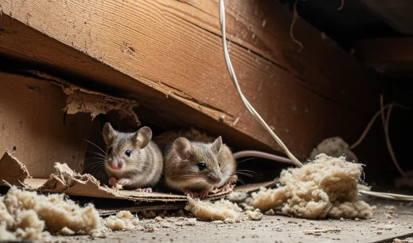 Two mice nesting in damaged attic insulation, highlighting the rodent exclusion and attic restoration services by Arrow Environmental Services.