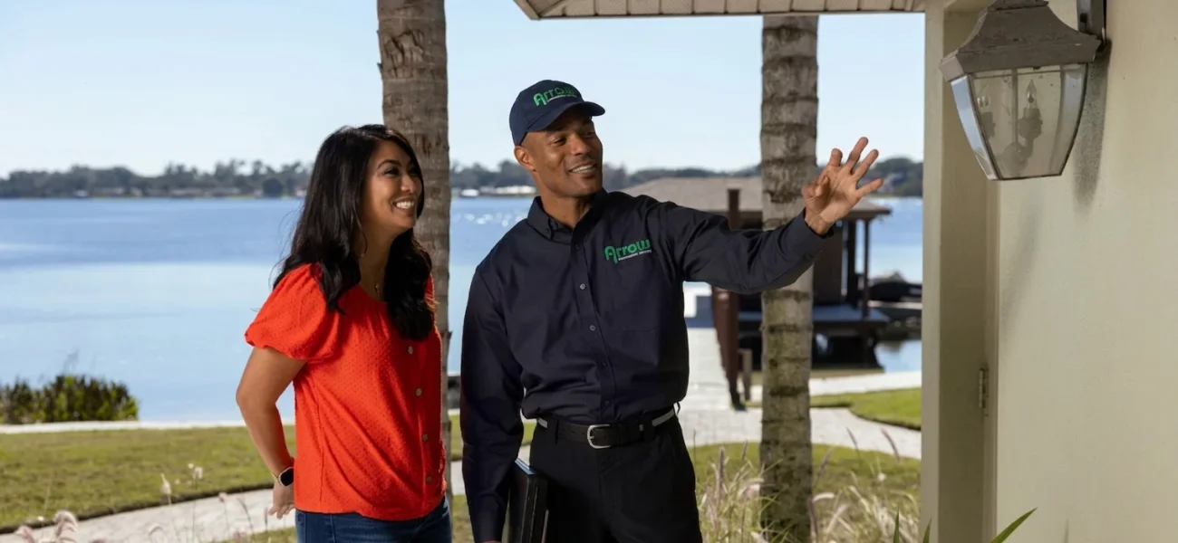An Arrow Environmental Services technician pointing out potential pest entry points to a homeowner at a Florida lakeside residence.