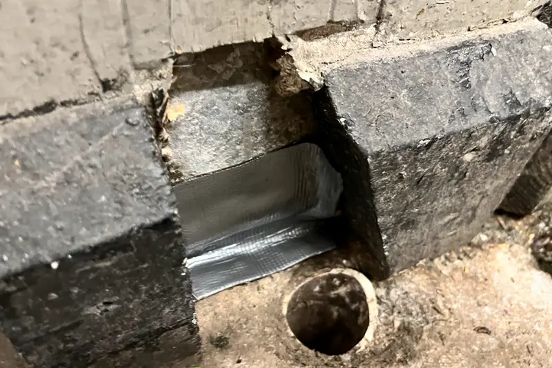 Arrow Environmental Services using industrial sealant to close structural gaps and prevent rodent entry into a Florida home.