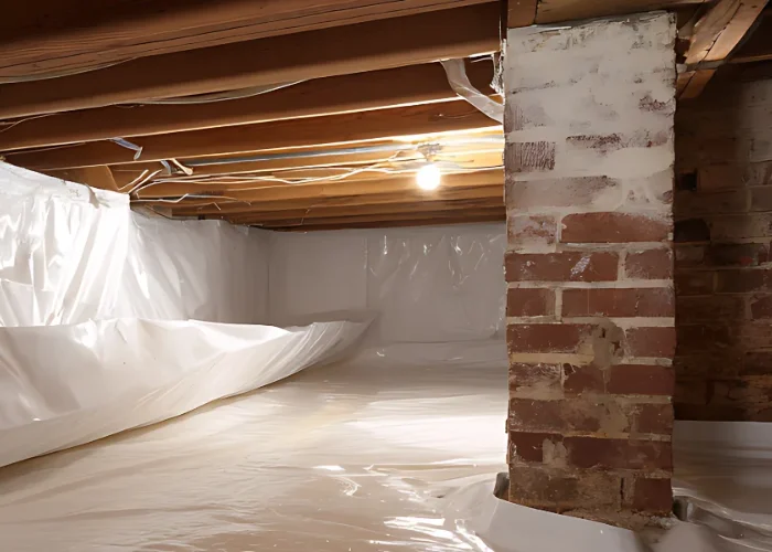 A clean crawl space featuring a professional vapor barrier installation by Arrow Environmental Services to prevent moisture and pests.