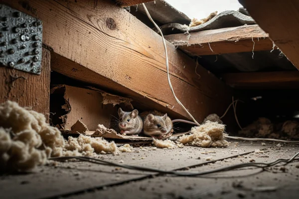 Two mice nesting in damaged attic insulation, highlighting the rodent exclusion and attic restoration services by Arrow Environmental Services.