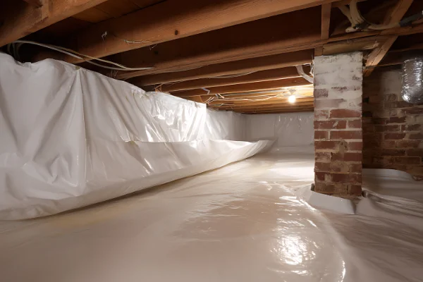 A clean crawl space featuring a professional vapor barrier installation by Arrow Environmental Services to prevent moisture and pests.