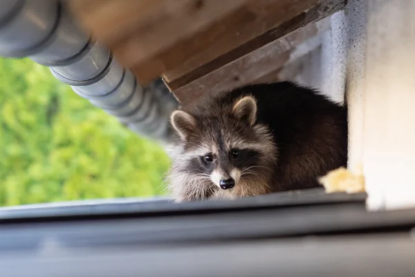 A raccoon nesting under a roof eave, an example of humane wildlife exclusion and removal by Arrow Environmental Services.
