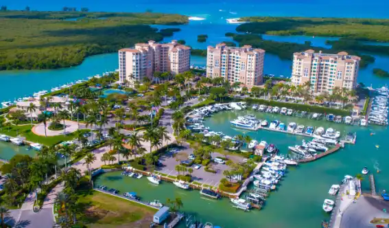 High-angle view of downtown Naples, Florida, a key service area for Arrow Environmental Services’ commercial & residential services.