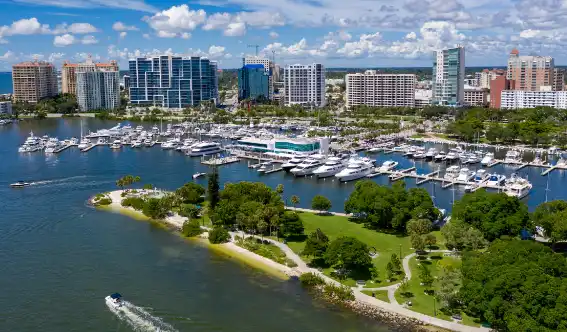 High-angle view of downtown Sarasota's business district, a key service area for Arrow Environmental Services’ commercial & residential services.