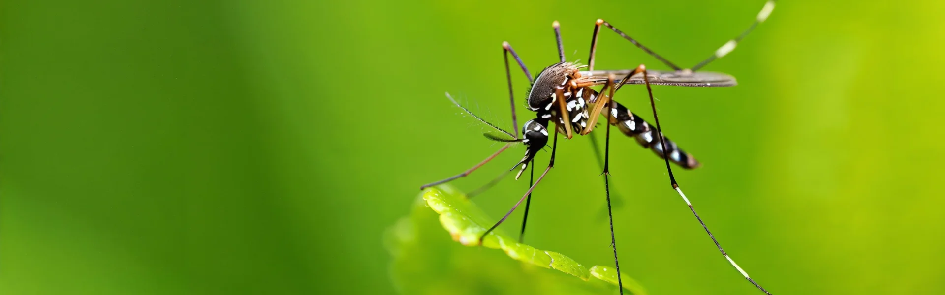 Detailed macro view of an Asian tiger mosquito on a green leaf, representing target pests for seasonal control.