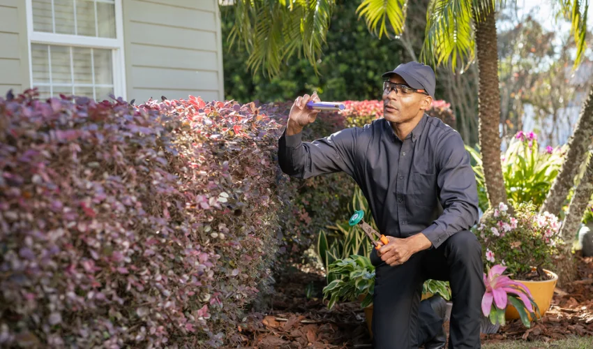 An Arrow Environmental Services technician inspecting a Sentricon termite baiting system component in a Florida residential yard.