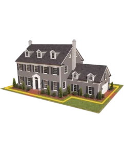 A 3D architectural model of a house highlighted with a yellow perimeter line indicating a liquid chemical treatment zone.