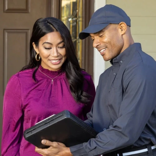 An Arrow Environmental Services technician speaking with resident outside of her Florida home.